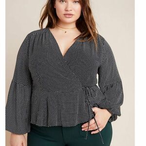 NWT Anthro Maeve Ingrid Polka Dot Wrap Front Tie Long Sleeve Top/Blouse